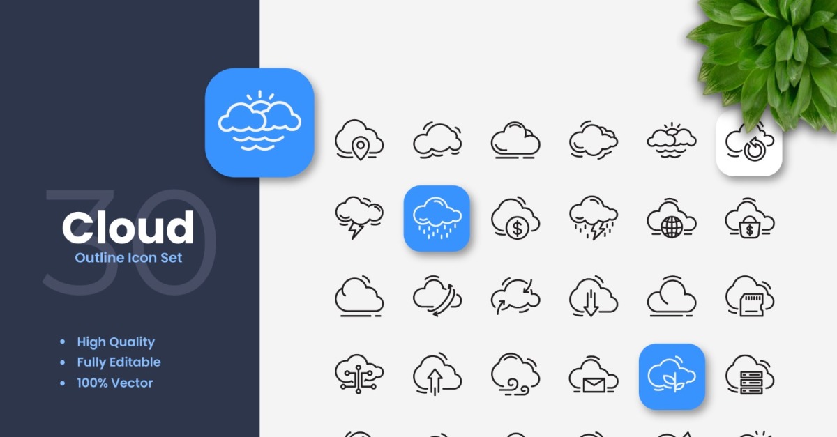 30 Set of Cloud Outline Icon Collection - TemplateMonster