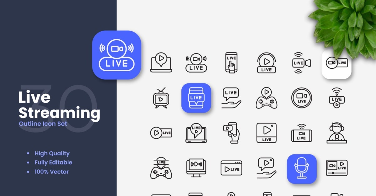 30 Live Streaming Outline Icon Set 351094 Templatemonster