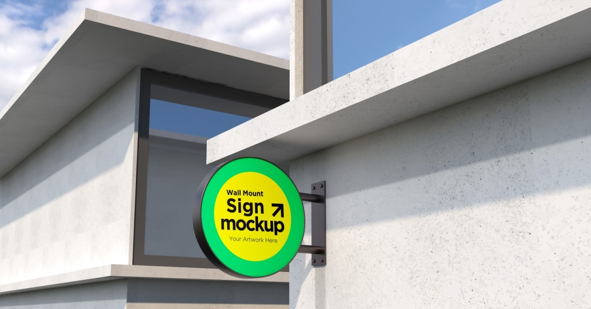 Wall Sign Format Round Wall Mount Sign Mockup Template attached to the wall 18B