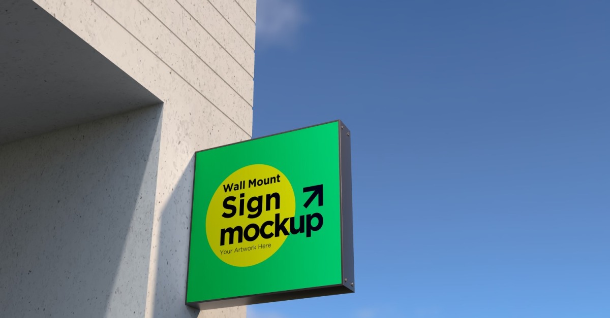 Square Wall Mount Sign Mockup Template attached to the wall 14B