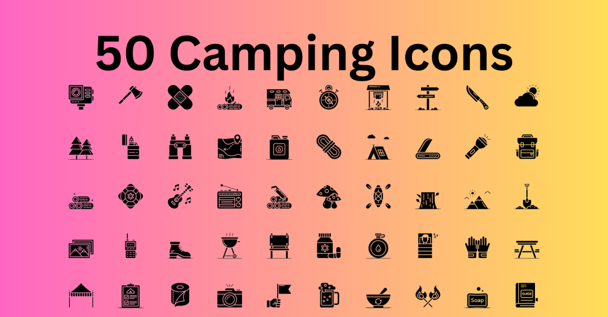 Camping Icon Set 50 Glyph Icons - SVG And AI File