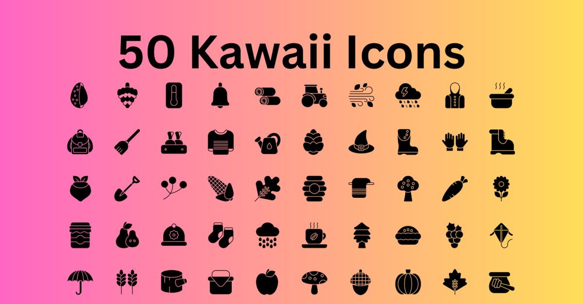 Kawaii Icon Set 50 Glyph Icons - SVG And AI Files