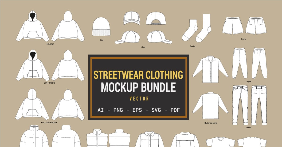 Streetwear Clothing Vector Mockup Tech Pack - TemplateMonster