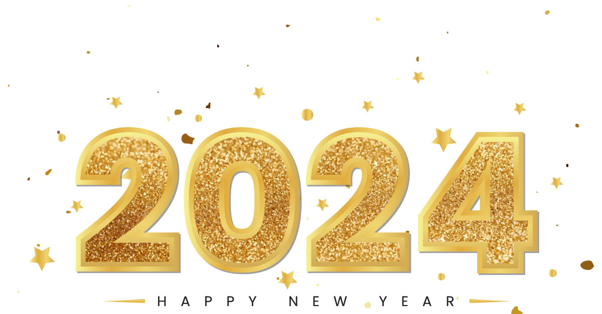 Golden glitter Happy New Year 2024 text effect