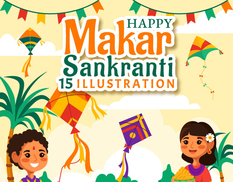 Happy Makar Sankranti Festival Background Decorated with Kites Stock  Illustration - Illustration of kite, laddu: 237699177