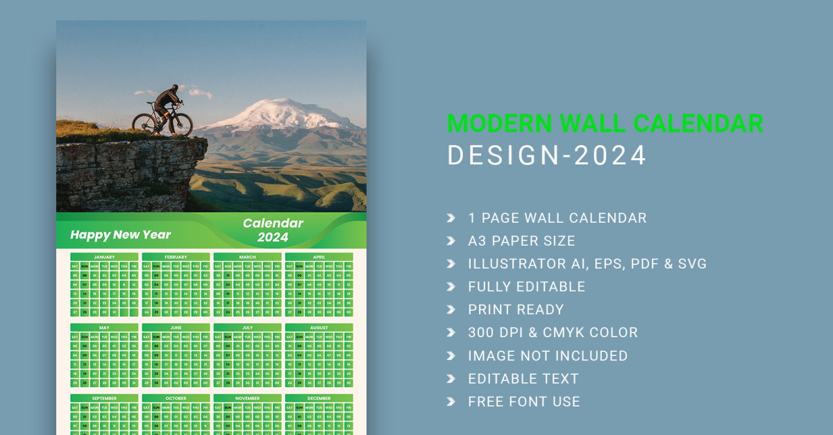 Modèle De Conception De Calendrier Mural D'une Page 2024