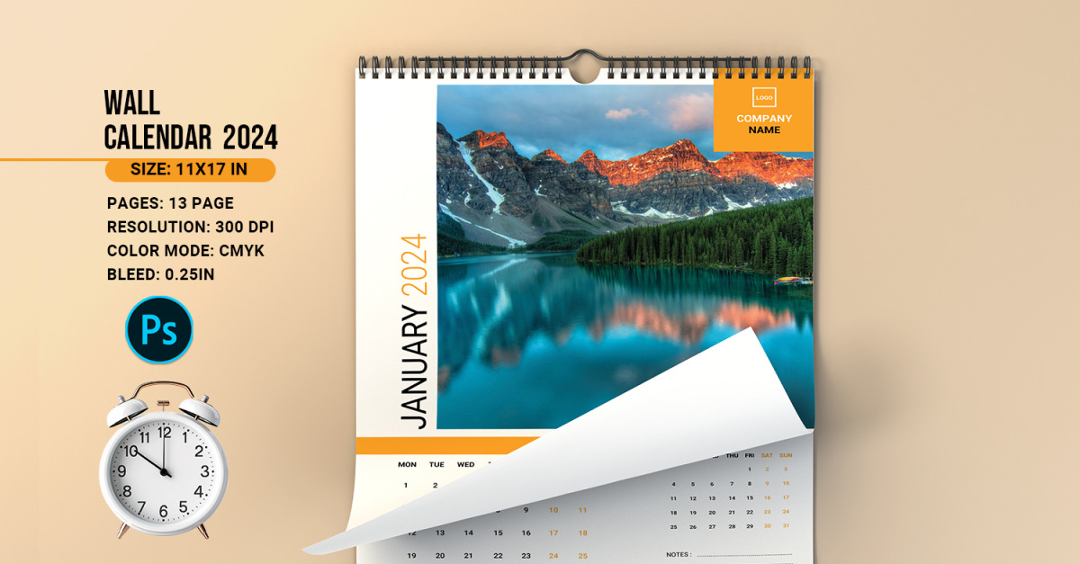 Wall Calendar 2024. Adobe Photoshop Template