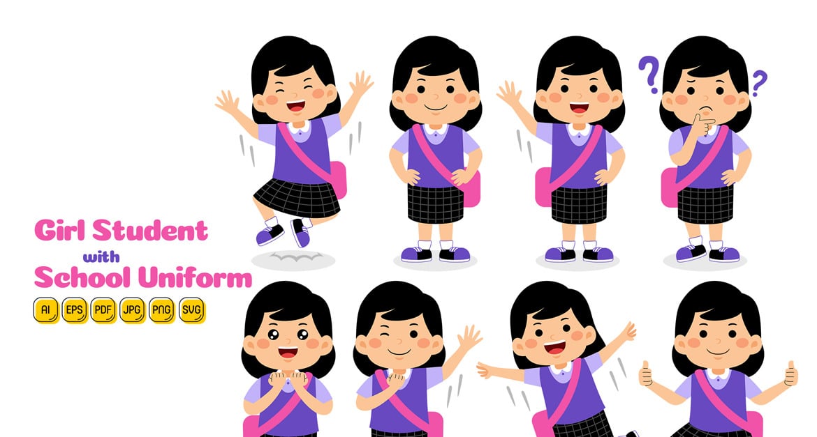 Girl Student with School Uniform Vector Pack #02