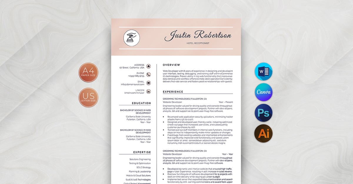 Hotel Receptionist Canva Resume Template TemplateMonster   Hotel Receptionist Canva Resume Template 379794 Original 