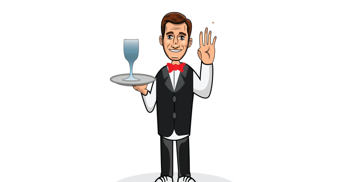 Waiter smiles and holds tray with glass of juice illustration