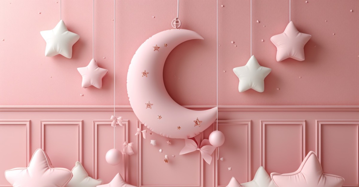 Ramadan greeting banner design with pink and white moon and star