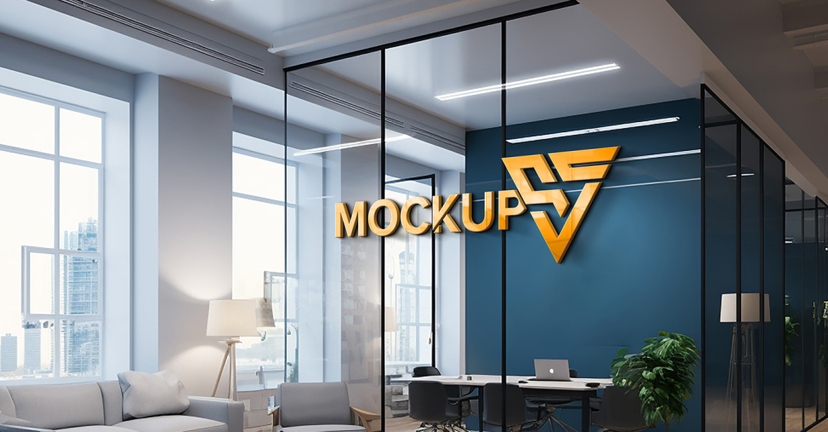 Office glass wall indoor logo mockup - TemplateMonster