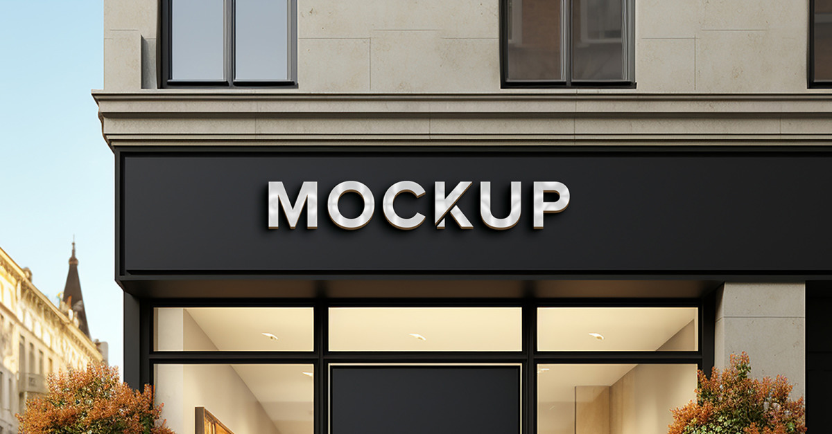 Realistic 3d sign logo mockup on shop front building