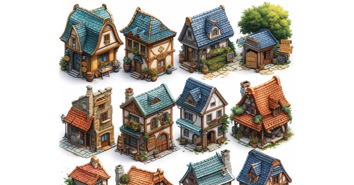 Inns and taverns with signs Set of Video Games Assets Sprite Sheet ...