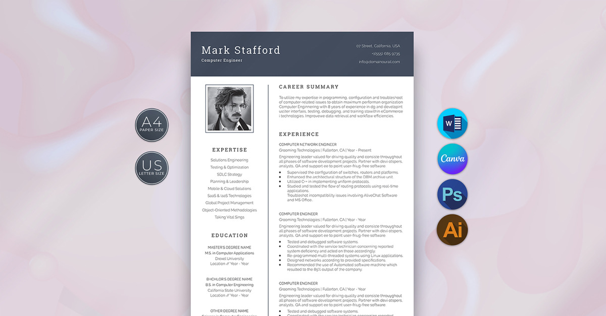 Canva and Word Computer Engineer Resume Template Design