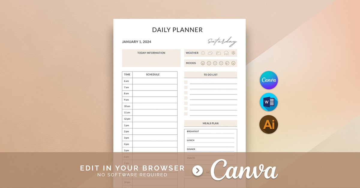 Canva Printable Daily Hourly Planner Template