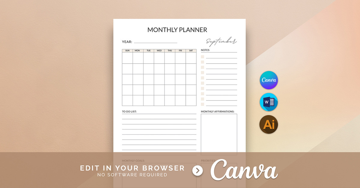 Printable Monthly Planner Template Canva - TemplateMonster