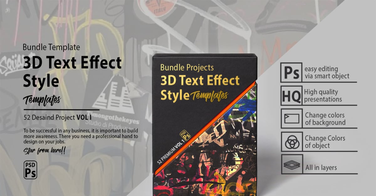 Estilos de efectos de texto 3D: paquete de 52 plantillas PSD