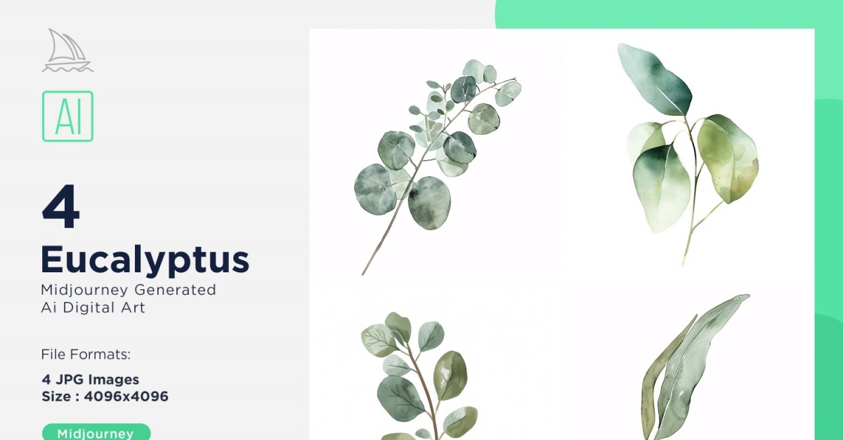 Conjunto de 4 hojas de plantas de eucalipto en acuarela
