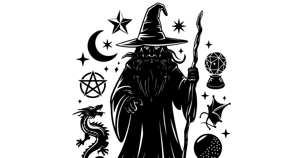 Wizard silhouette art vector illustration with white background