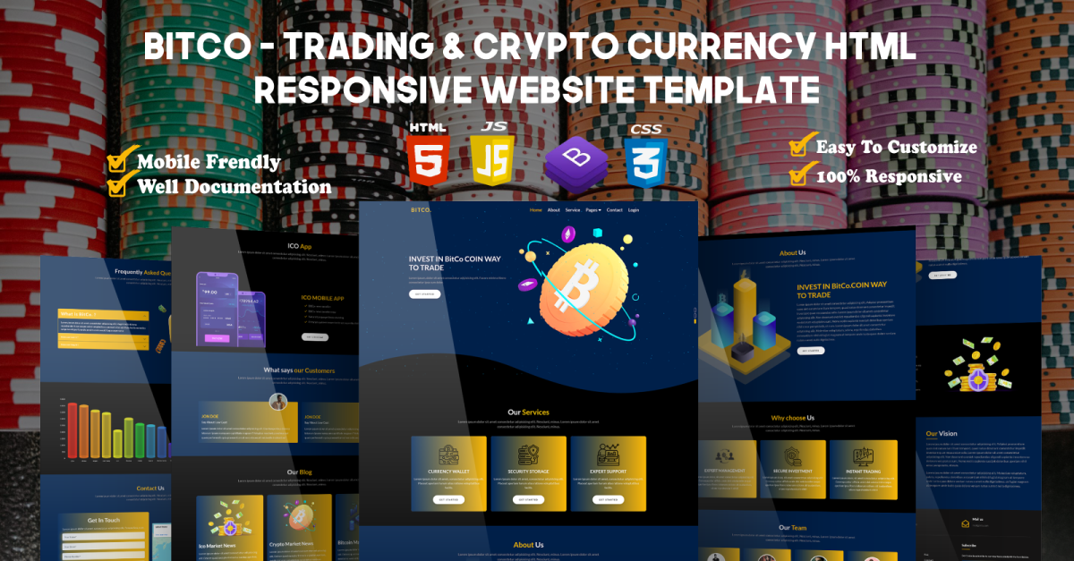 BitCo - trading & crypto currency HTML Multipurpose Responsive website Template