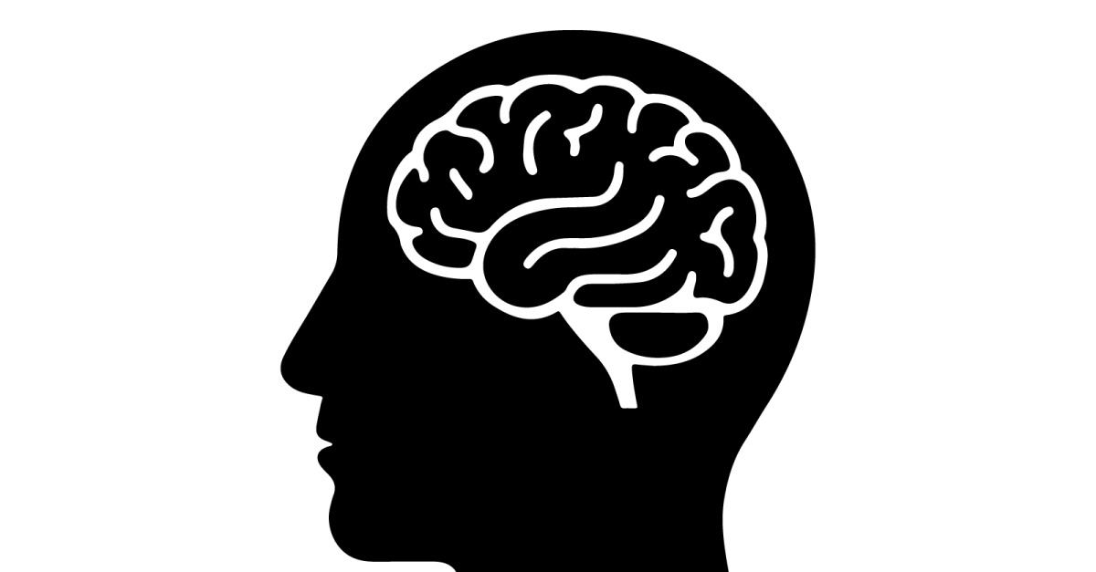 A vector illustration of a human head with a silhouette of a brain