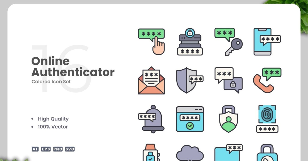 16 Online Authenticator Colored Icons Set - TemplateMonster
