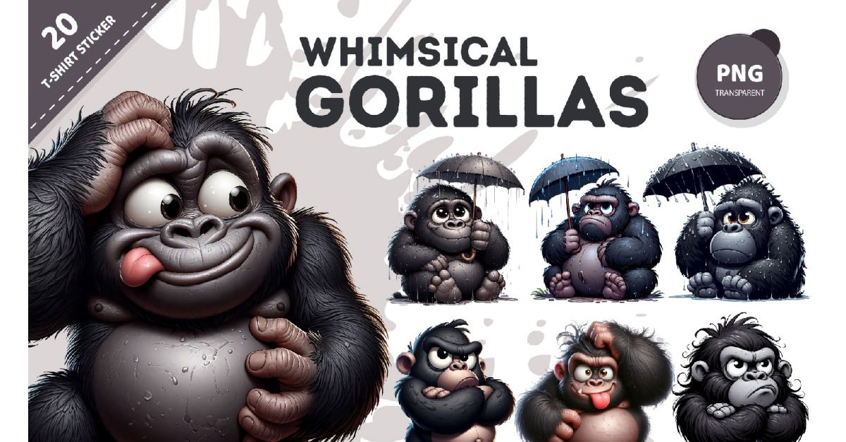 Whimsical cartoon gorillas. T-Shirt, PNG.