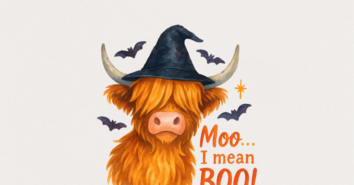 Moo… I Mean Boo! Highland Cow Halloween PNG, Witch Hat Animal Art, Funny Cow Digital Design, Cute