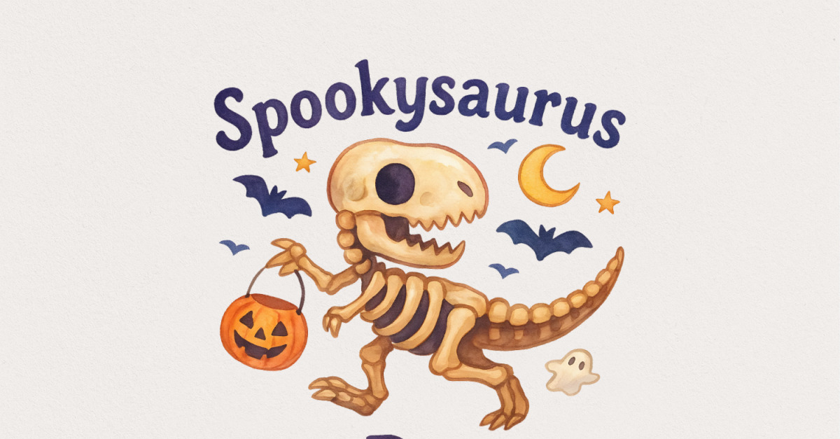 Spookysaurus Rex PNG Halloween Dinosaur PNG With Pumpkin Basket, Ghost, Moon, Perfect For Kids