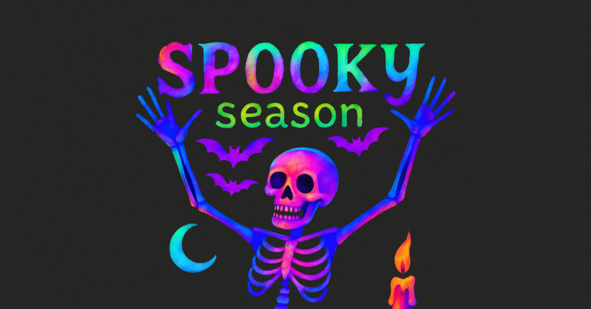 Spooky Season Skeleton PNG, Neon Halloween Bones, Bat Moon Candle Art, Spooky Season Clipart for