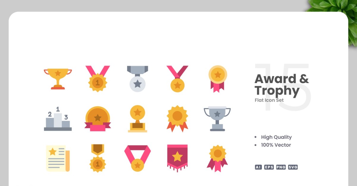 15 Award and Trophy Flat Icons Set #526132