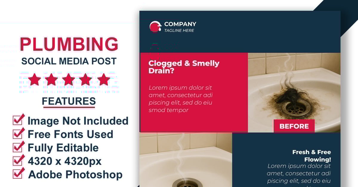 Before and After Plumbing Service Social Media Post Template PSD for Professional Visual Promotion