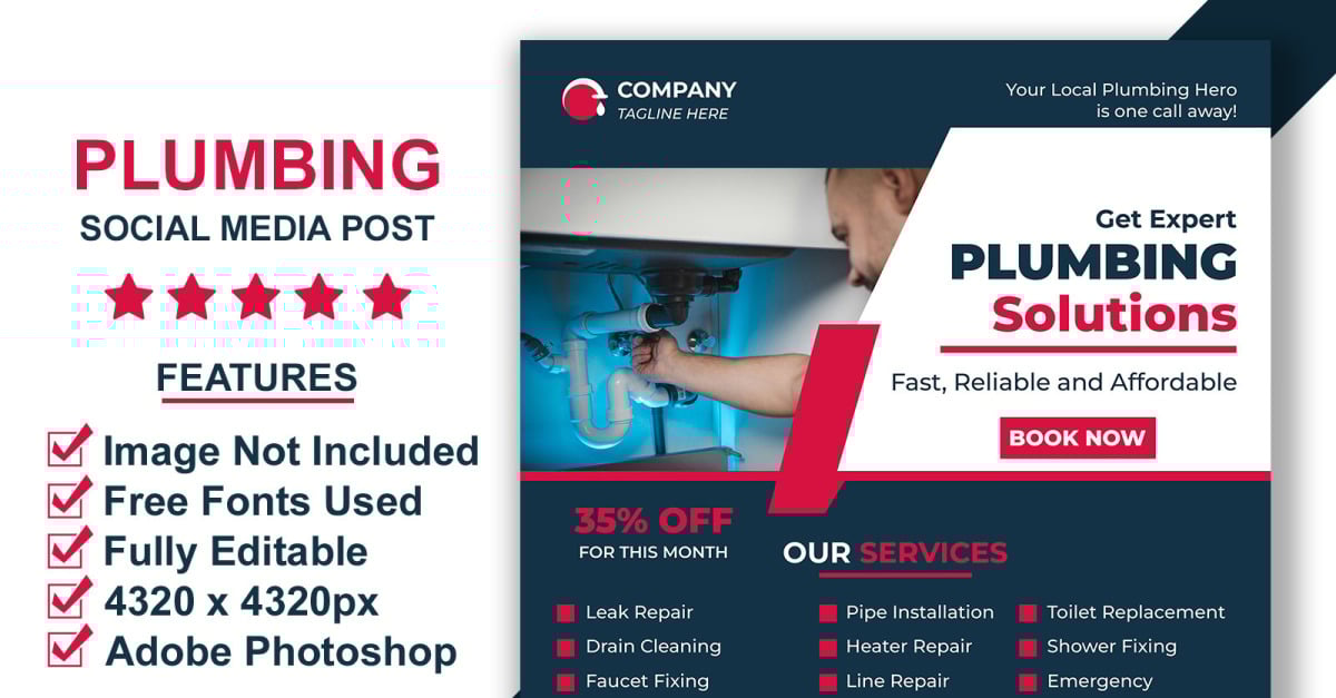 Editable Plumbing Services Social Media Post Template PSD for Pipe Repair Promotions
