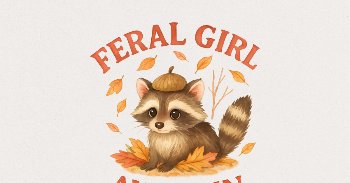 Feral Girl Autumn PNG, Cute Raccoon With Acorn Hat PNG, Cozy Fall Leaves Clipart, Autumn Digital