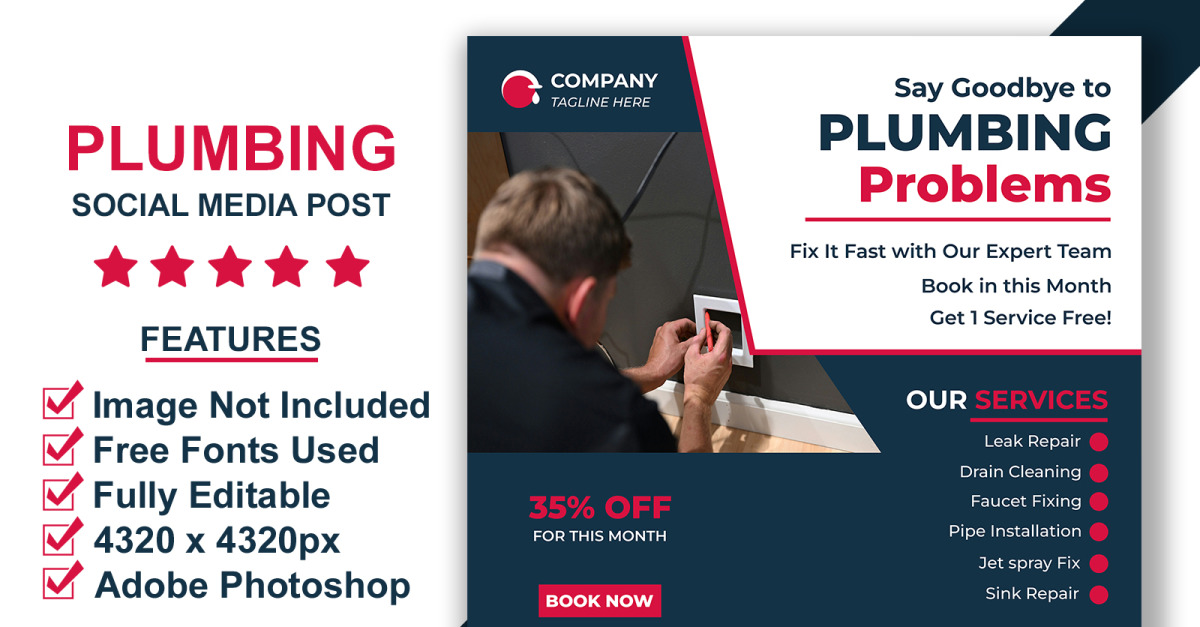 Plumber Service Instagram and Facebook Post Template PSD with Editable Smart Layers