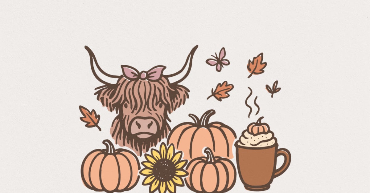 Highland Cow PNG, Fall PNG, Pumpkins PNG, Sunflower and Coffee PNG, Cute Autumn Cow Art, Cozy