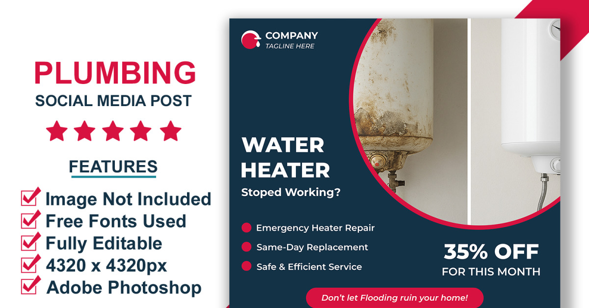 Home Plumbing Maintenance Social Media Post Template for Photoshop Users