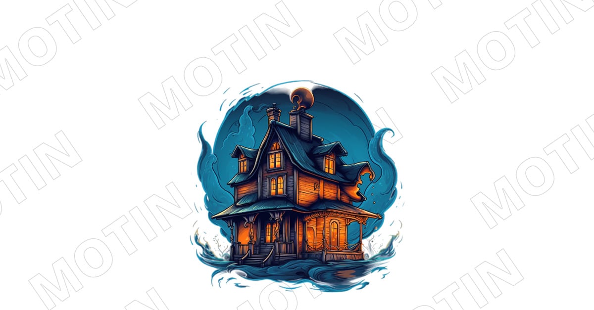 Haunted House Illustration with Mysterious Atmosphere and Glowing Lights
