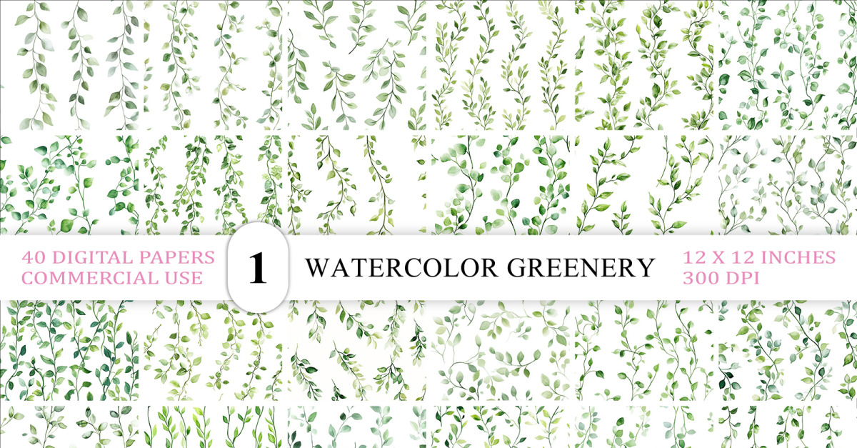 Watercolor Green Stem Seamless Pattern | Minimal Green Botanical Backgrounds | Fresh Botanical