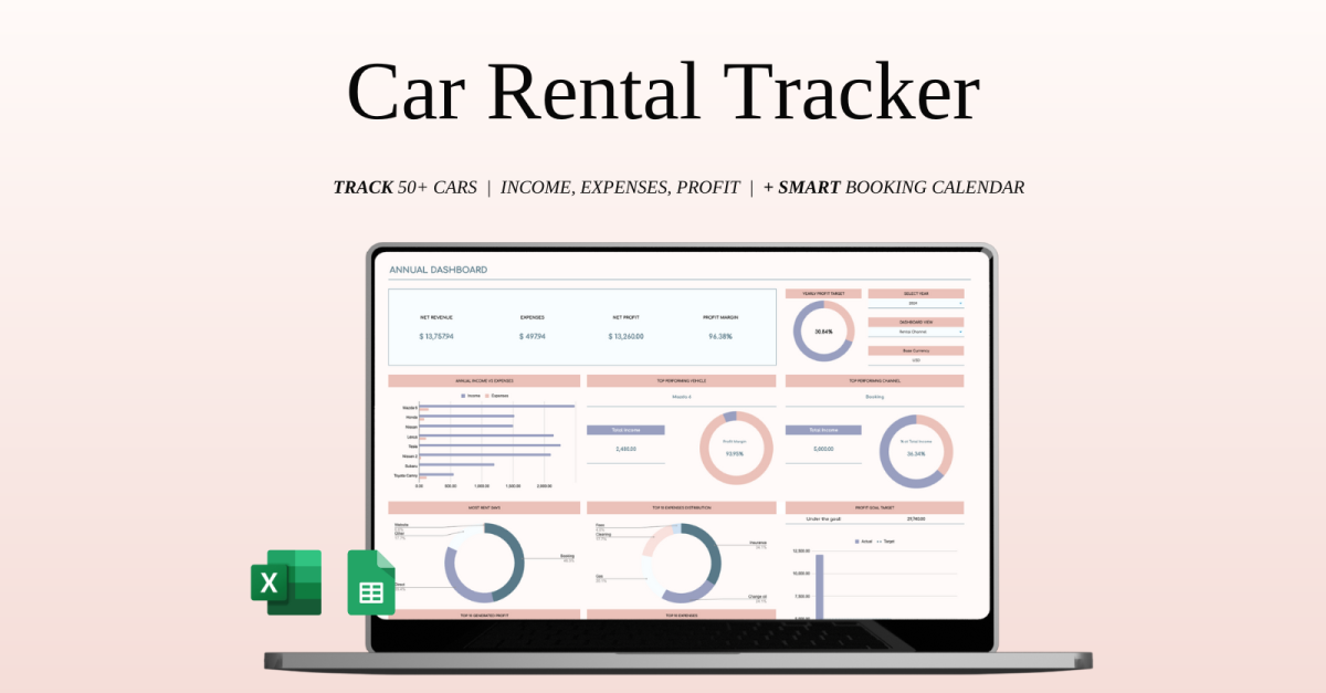 Car Rental Management and Booking Tracker, Excel and Google Sheets Template