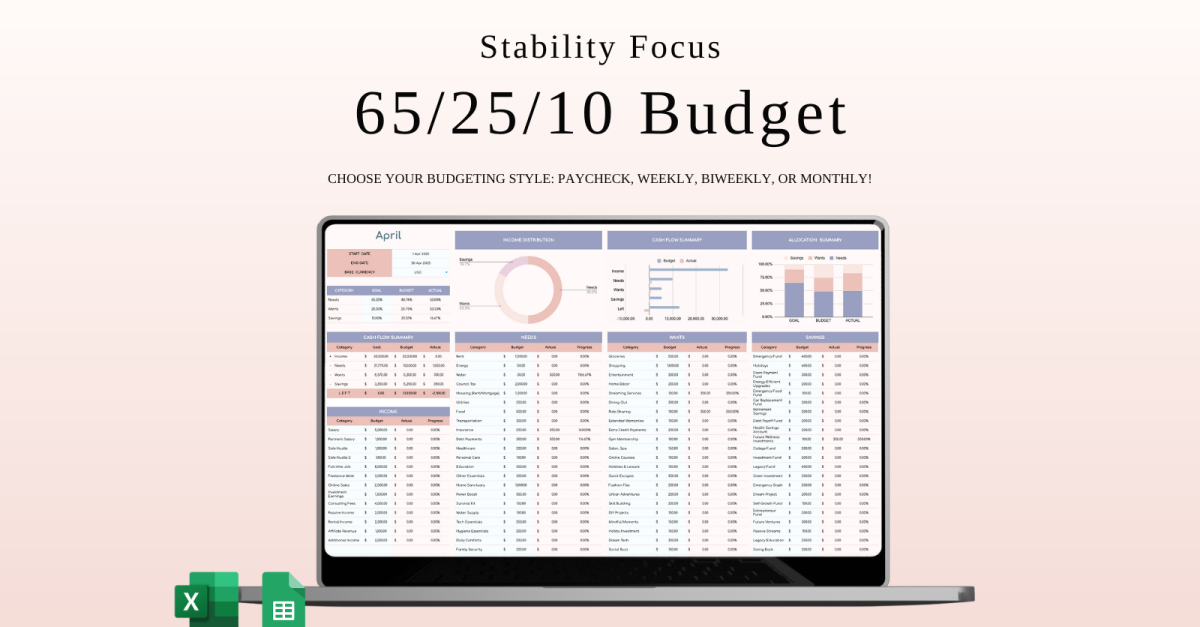 65/25/10 Budget Spreadsheet Template | Excel and Google Sheets