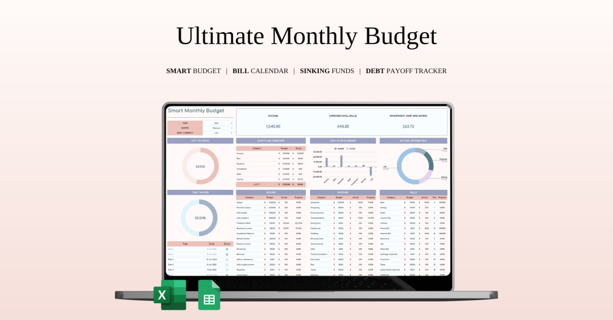Ultimate Monthly Budget Spreadsheet Template Excel and Google Sheets
