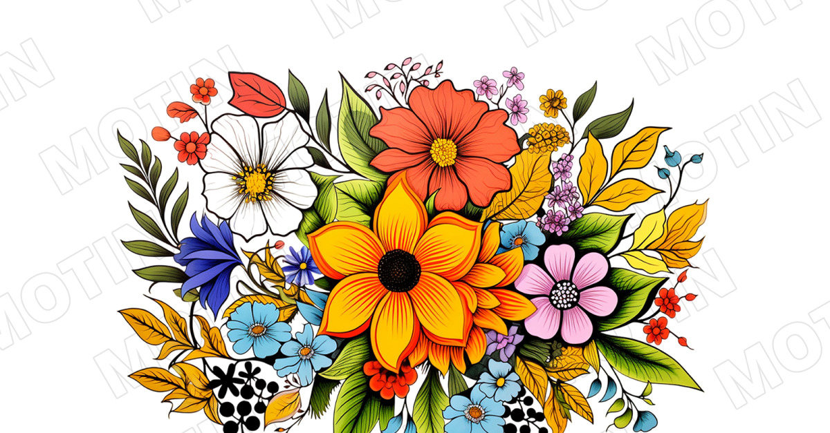 Vibrant Floral Bouquet of Colorful Blooms and Leaves on a White Background