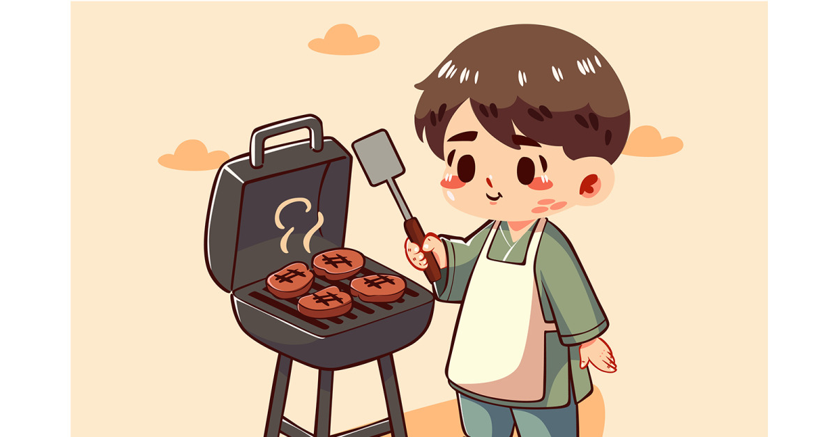 Cartoon Boy Cooking Meat on a Grill #532917