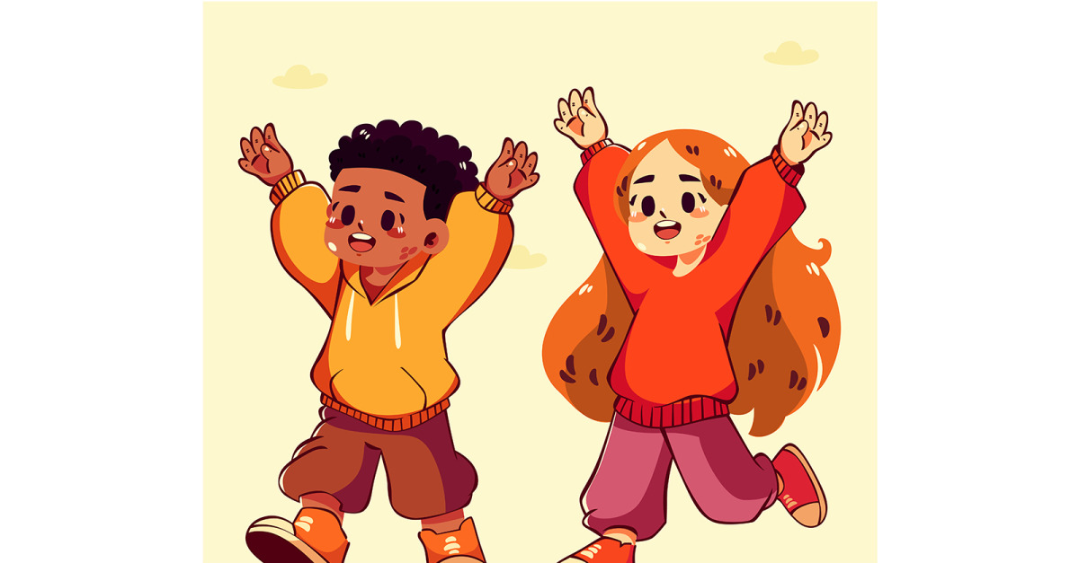 Cartoon Kids with Their Hands Raised