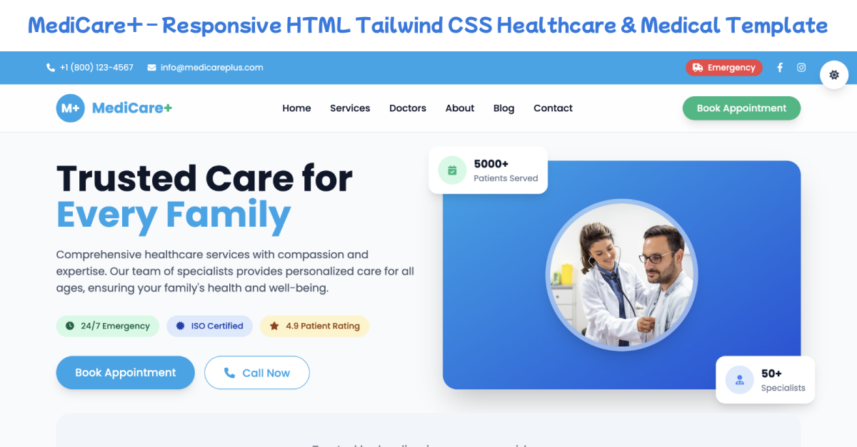 MediCare+ – Responsive HTML Tailwind CSS Healthcare & Medical Template