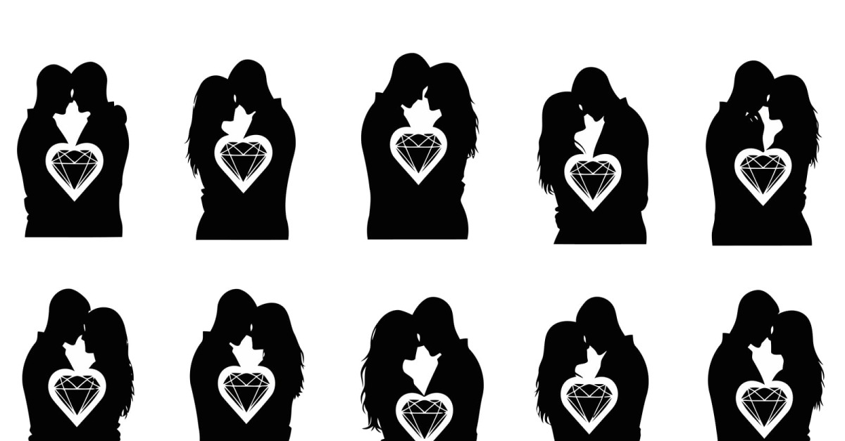 Black silhouette of couples kissing with heart symbol isolated on white ...