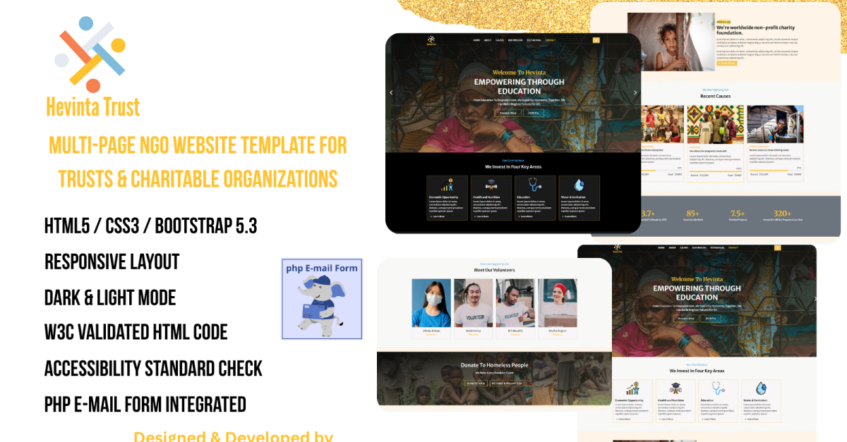 Hevinta – Modern NGO and Charity Multipage Website Template (Bootstrap 5, Light/Dark Mode)