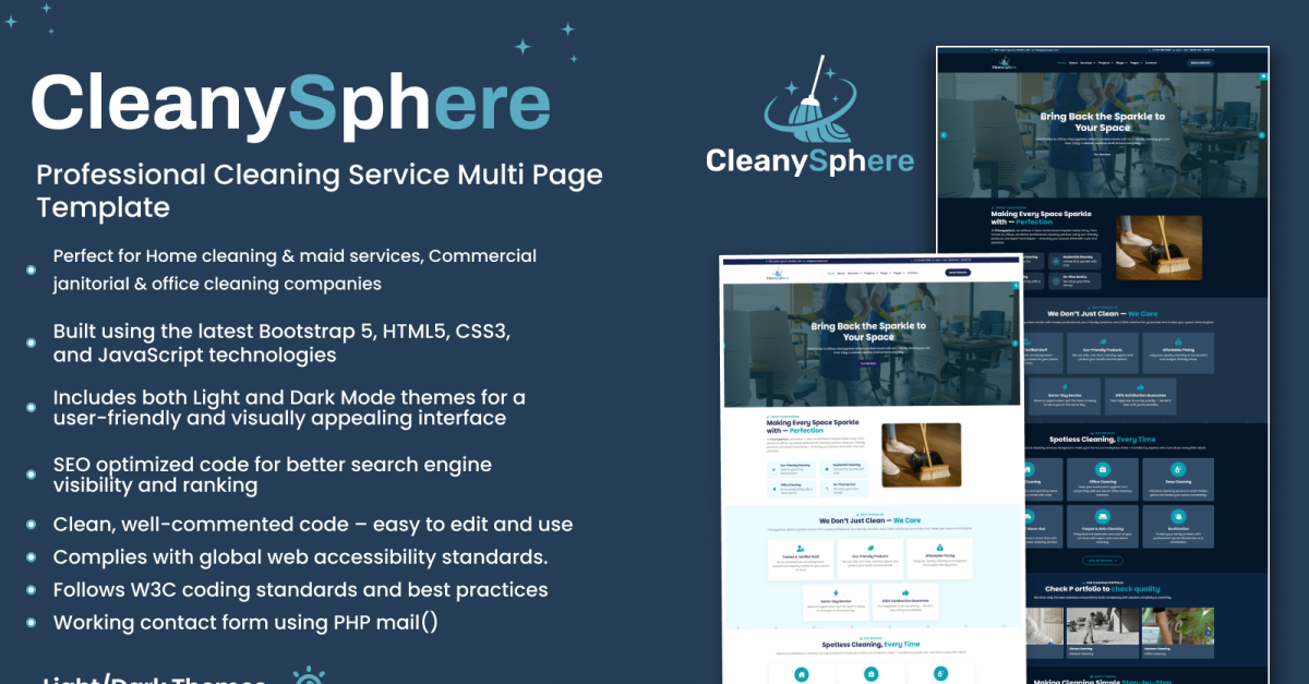 Cleanysphere – Cleaning and Janitorial Services Multipage Website Template (Light and Dark Mode)